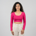 Hot Pink Cotton Lycra Stretchable Full Sleeve U-Neck Readymade Blouse for Saree 