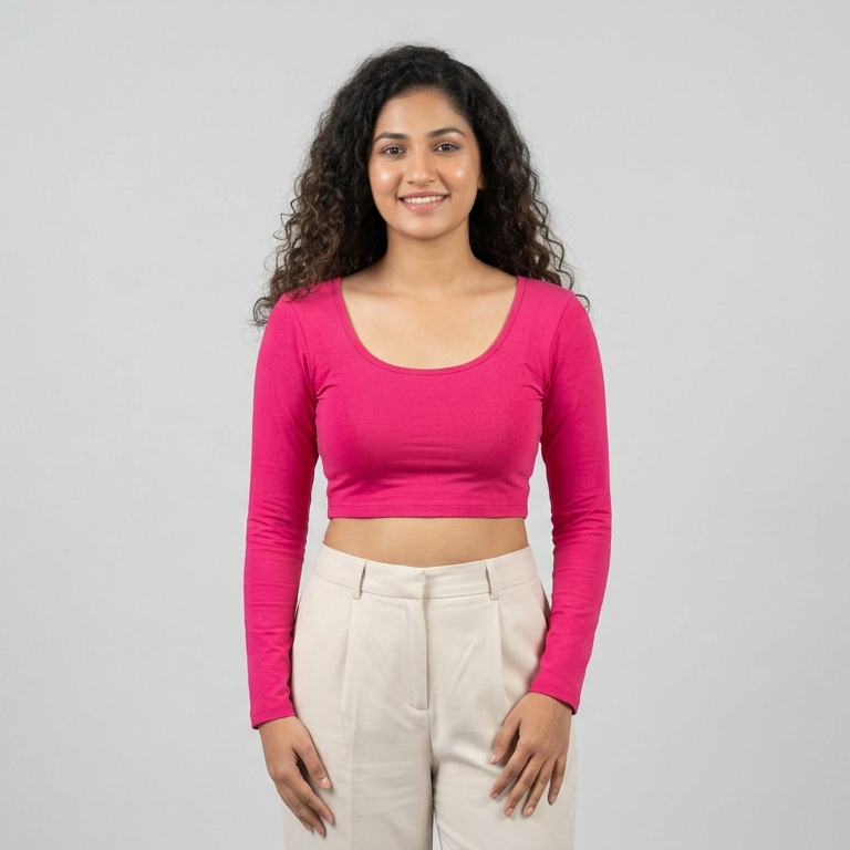 Hot Pink Cotton Lycra Stretchable Full Sleeve U-Neck Readymade Blouse for Saree 