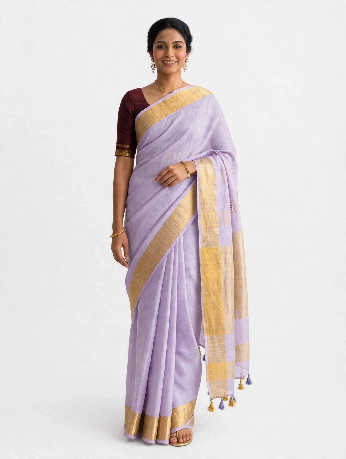 Premium Pure Linen Saree – Pastel Lilac with Gold Zari