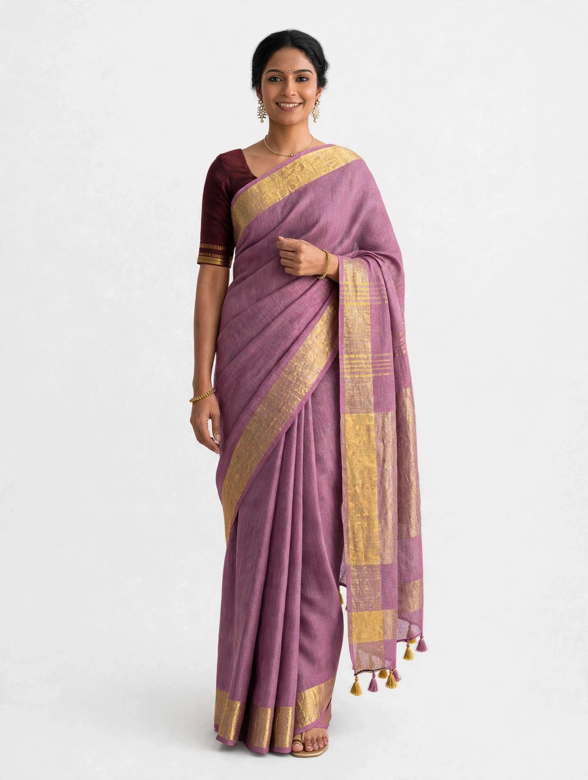 Premium Pure Linen Saree – Dusty Mauve with Gold Zari