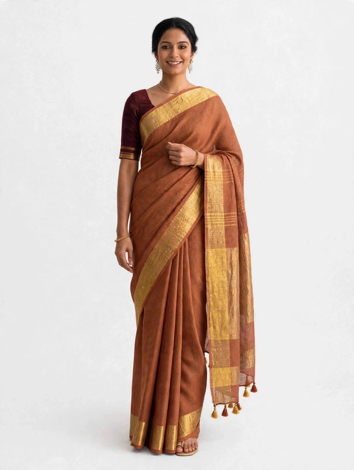 Premium Pure Linen Saree – Burnt Copper with Gold Zari
