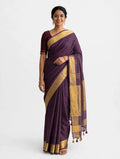 Premium Pure Linen Saree – Deep Purple with Gold Zari