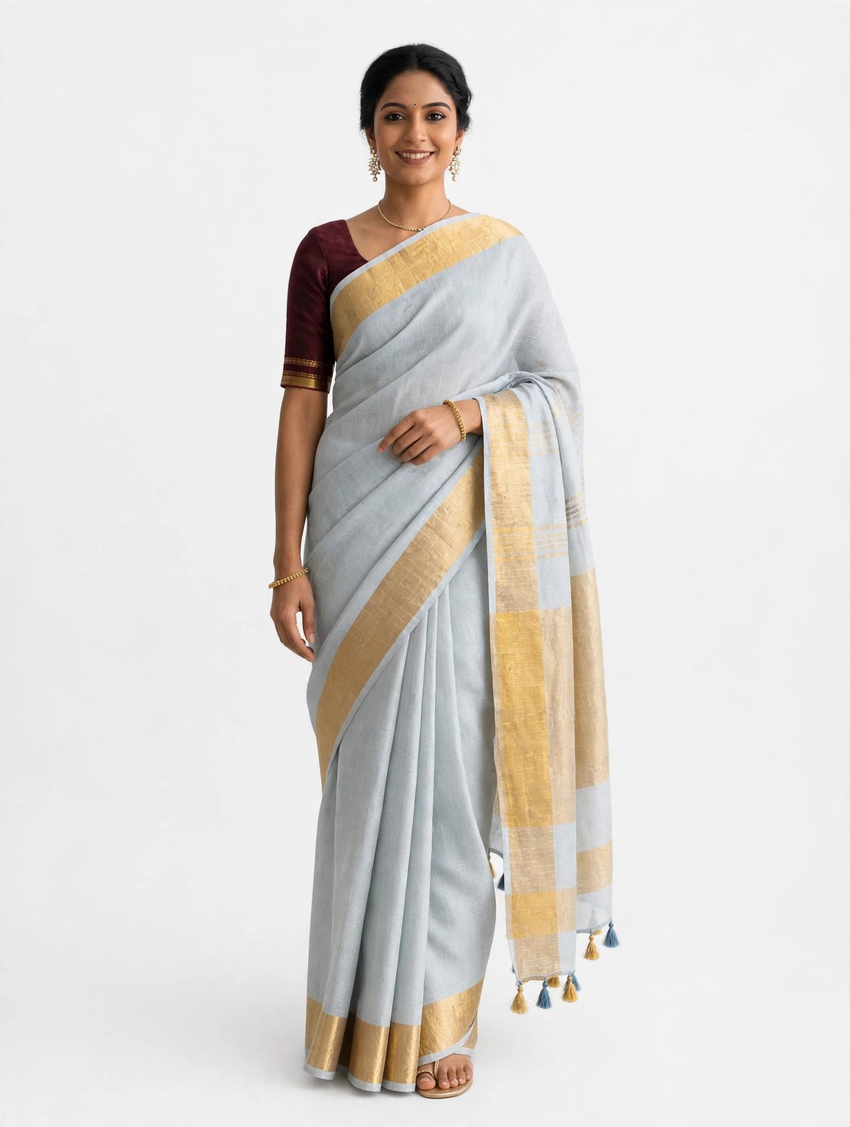 Premium Pure Linen Saree – Silver Grey with Gold Zari