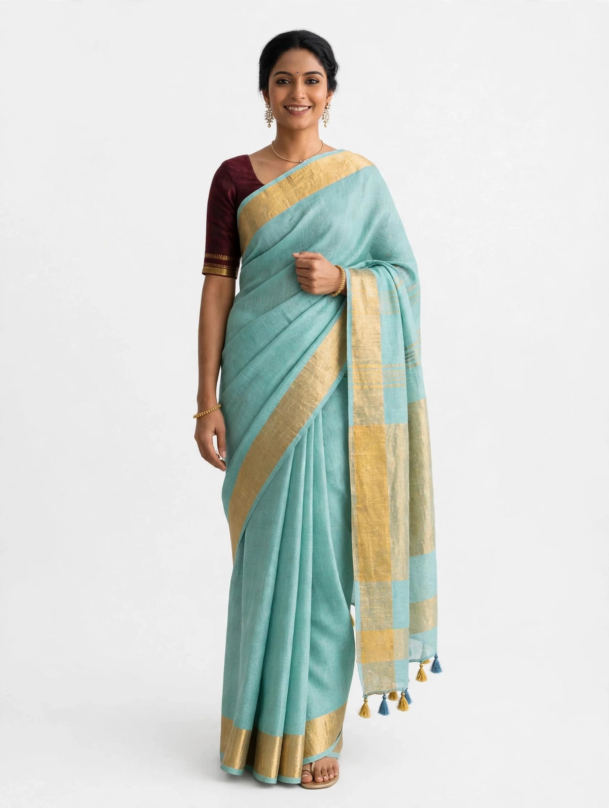Premium Pure Linen Saree – Soft Aqua Blue with Gold Zari