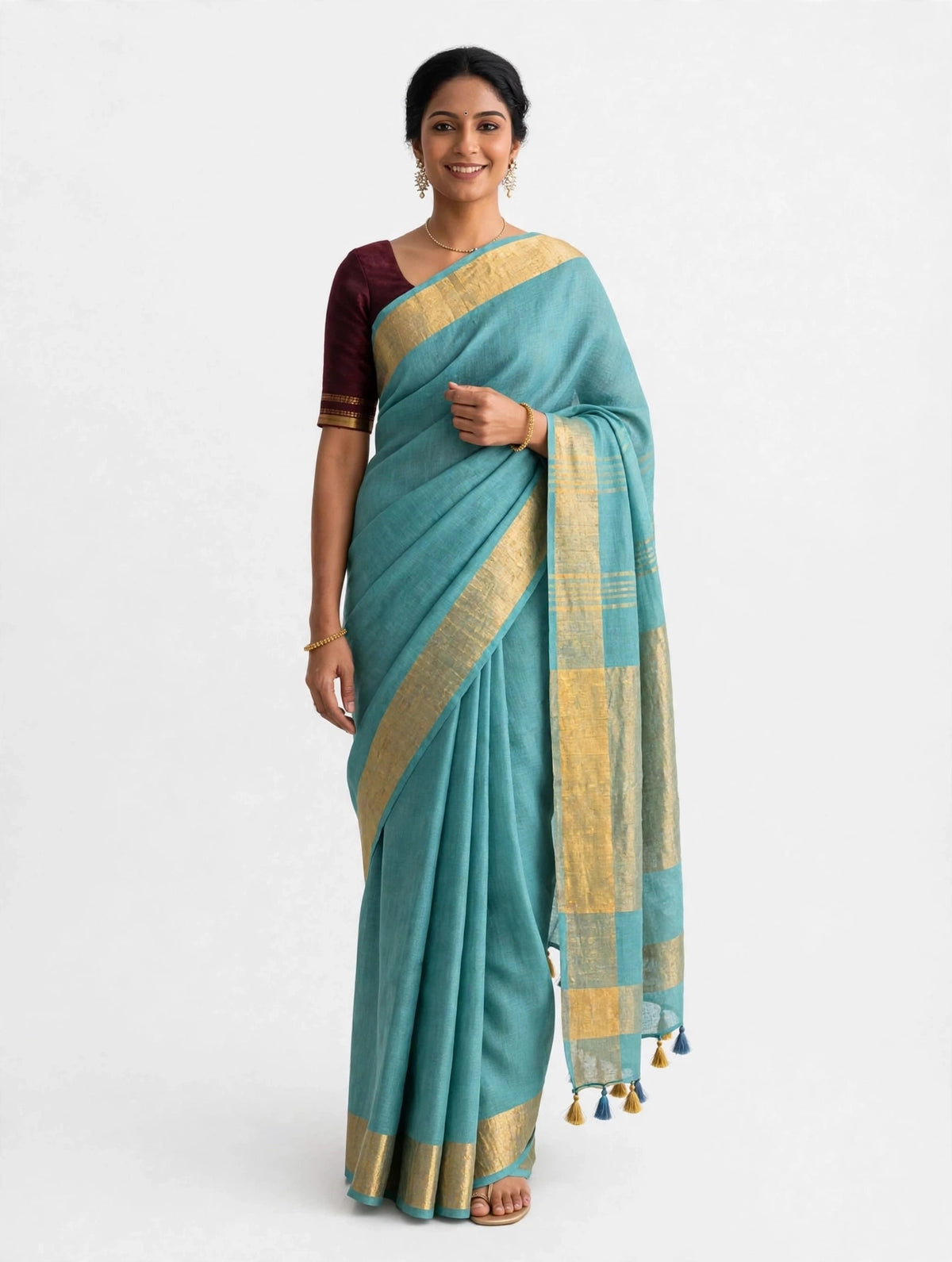 Premium Pure Linen Saree – Turquoise Teal with Gold Zari