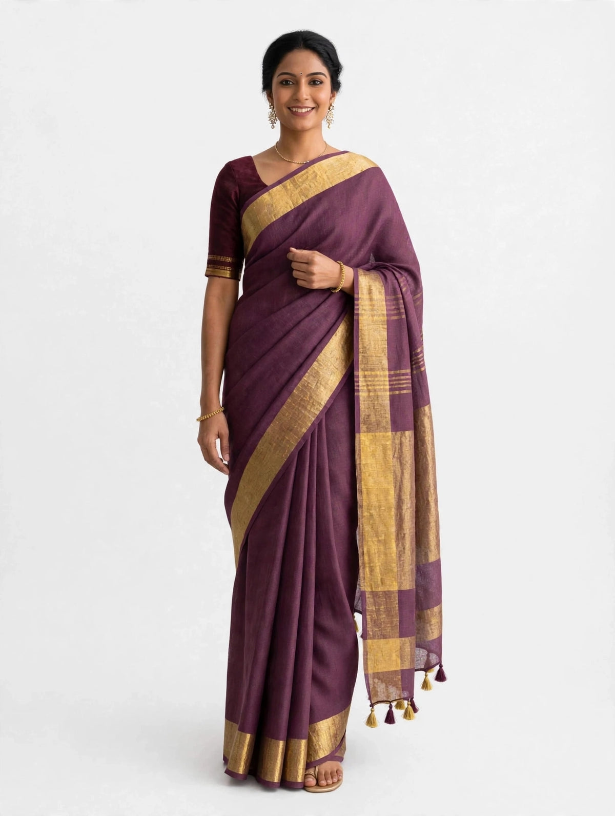 Premium Pure Linen Saree – Plum Wine with Gold Zari