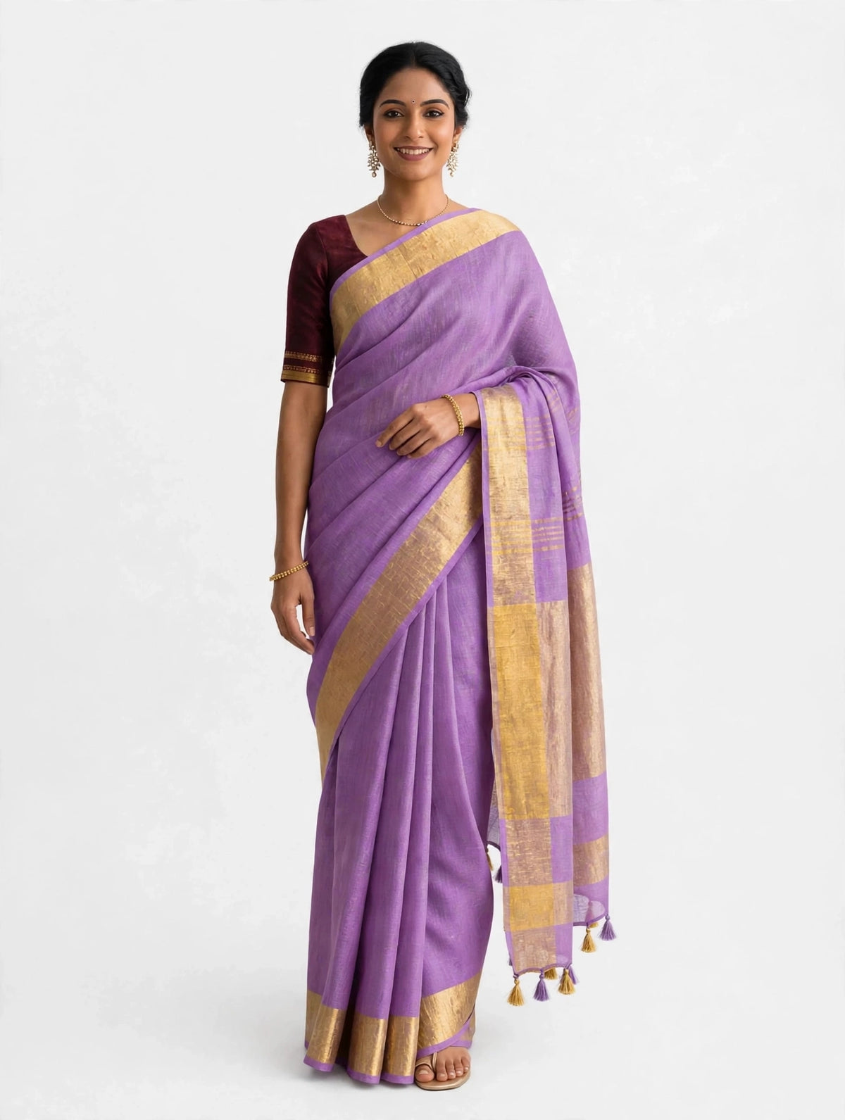 Premium Pure Linen Saree – Vibrant Violet with Gold Zari