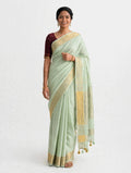 Premium Pure Linen Saree – Mint Sage Green with Gold Zari