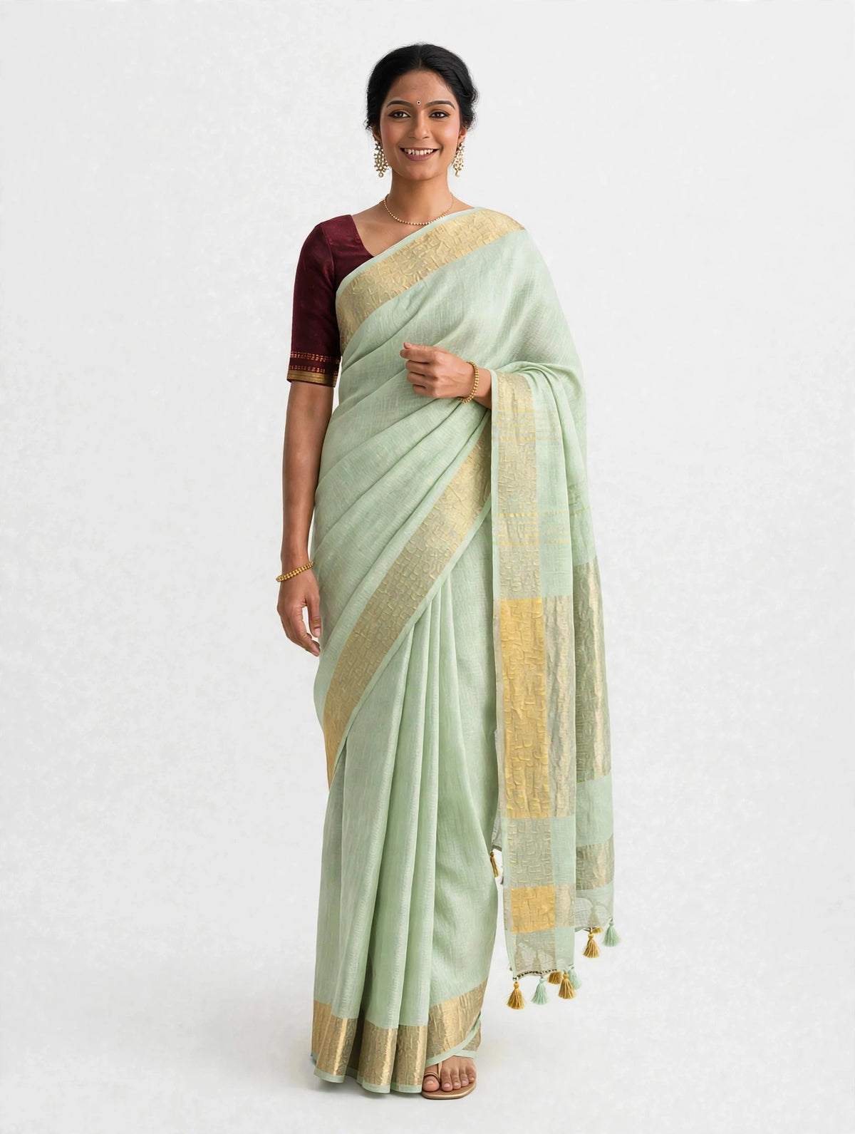 Premium Pure Linen Saree – Mint Sage Green with Gold Zari