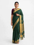 Premium Pure Linen Saree – Bottle Green with Gold Zari