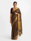 Premium Pure Linen Saree – Chocolate Brown with Gold Zari