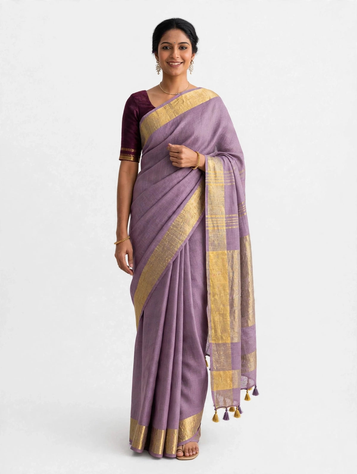 Premium Pure Linen Saree – Muted Mauve Purple with Gold Zari