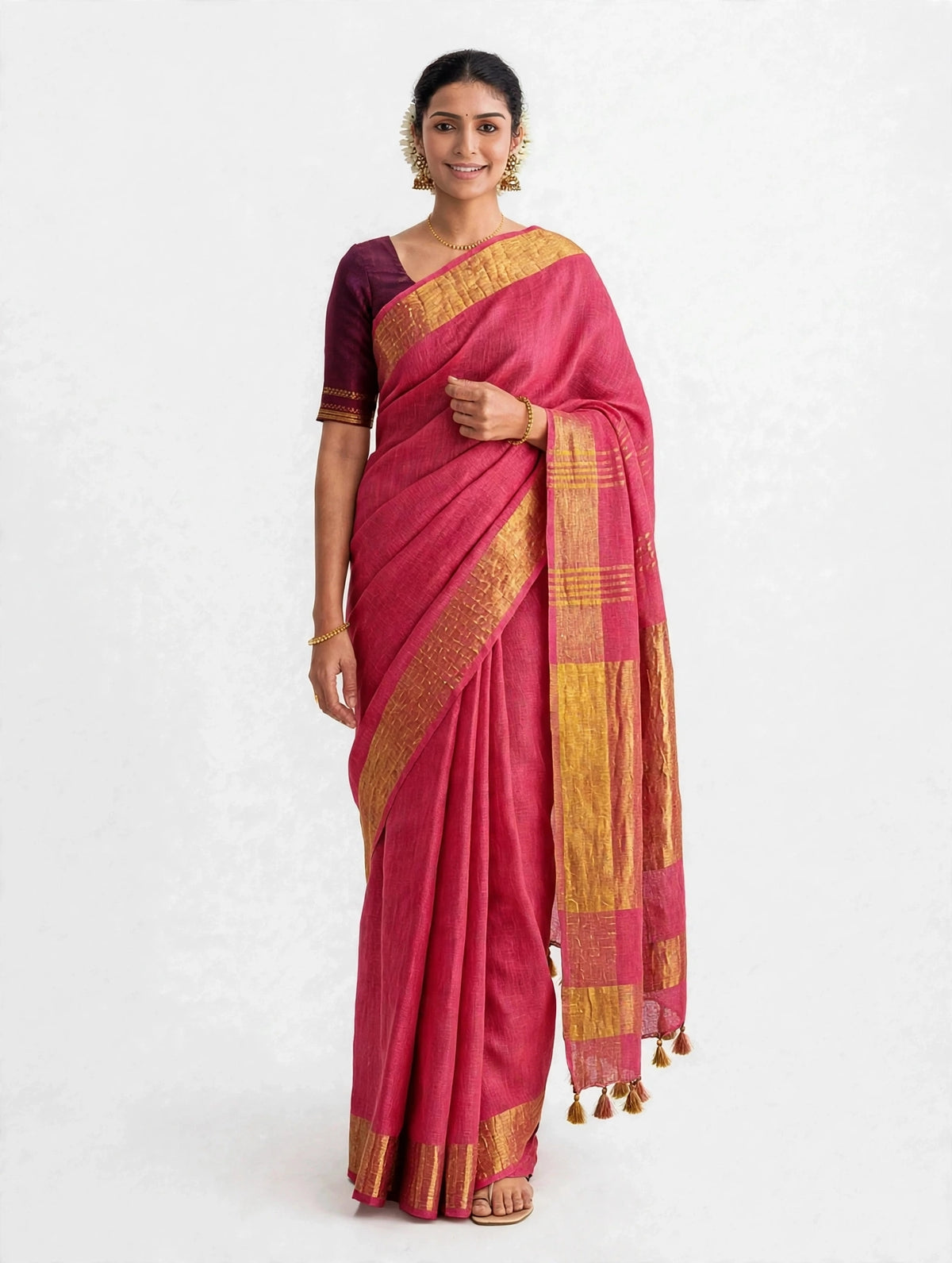 Premium Pure Linen Saree – Rani Pink with Gold Zari