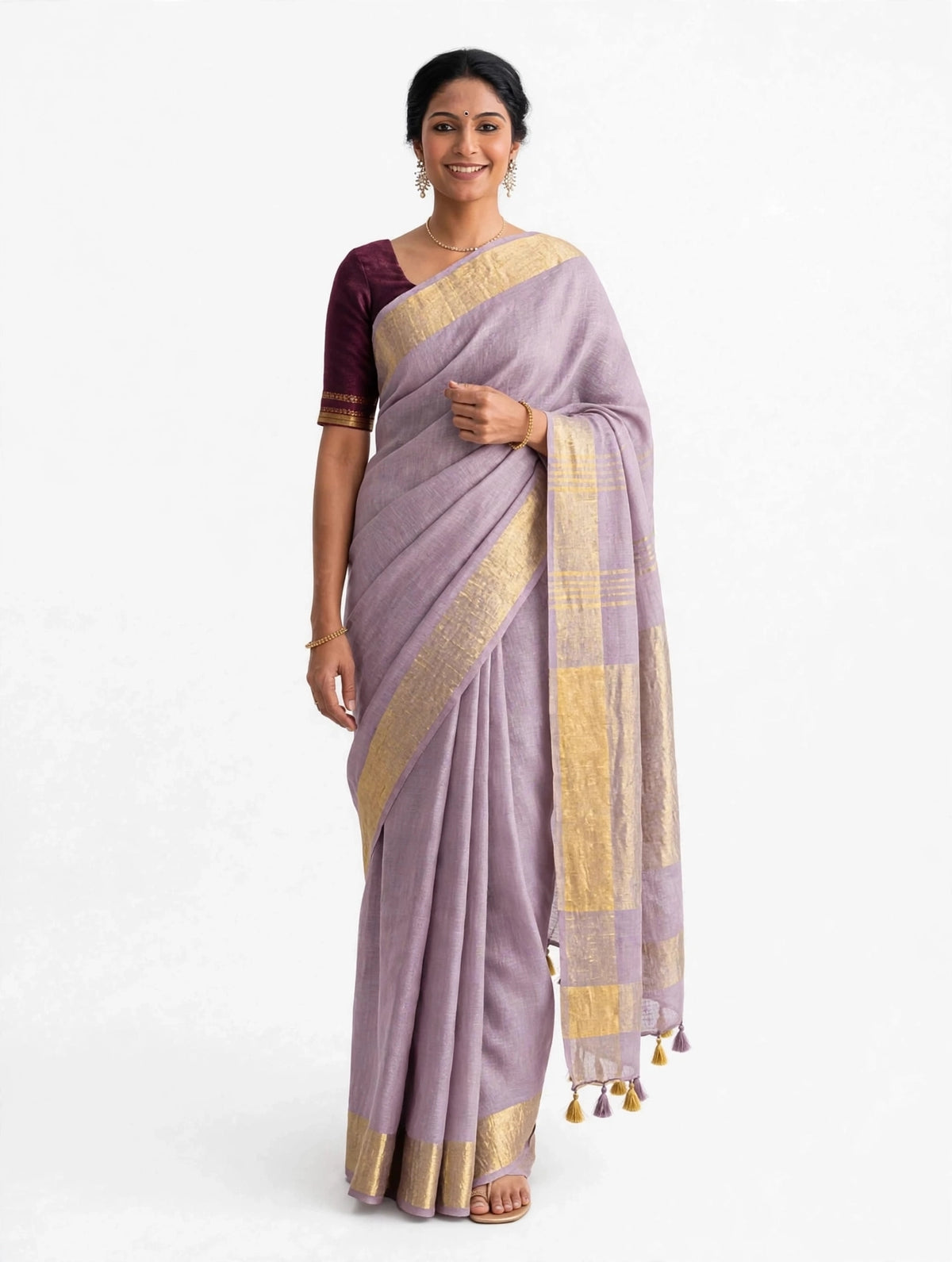Premium Pure Linen Saree – Dusty Lilac with Gold Zari