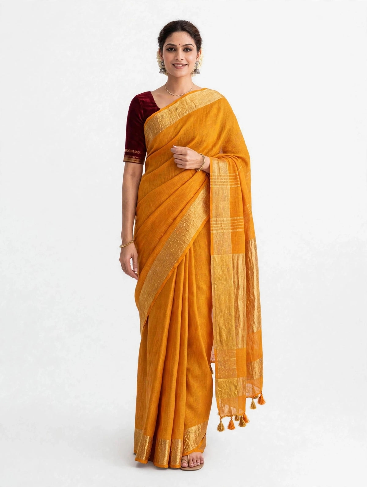 Premium Pure Linen Saree – Mustard Yellow with Gold Zari