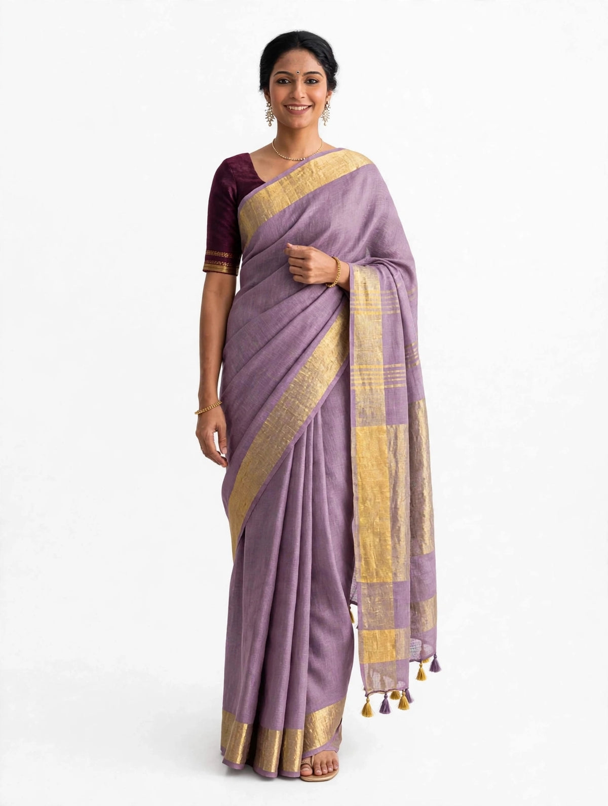 Premium Pure Linen Saree – Mauve Lavender with Gold Zari