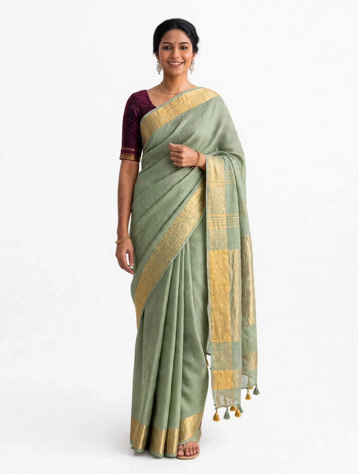 Premium Pure Linen Saree – Sage Green with Gold Zari