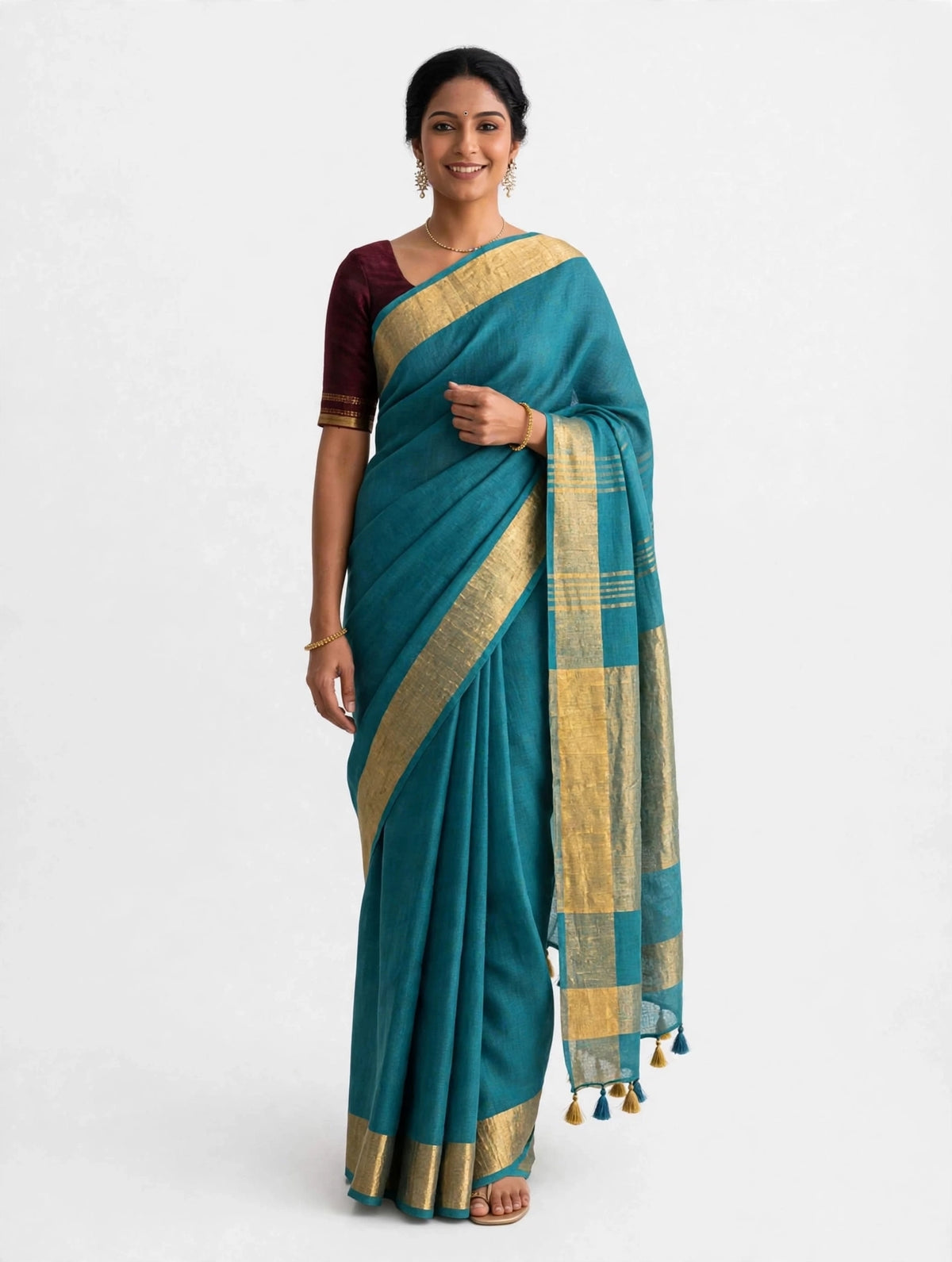 Premium Pure Linen Saree – Deep Teal with Gold Zari