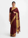 Premium Pure Linen Saree – Wine Maroon with Gold Zari