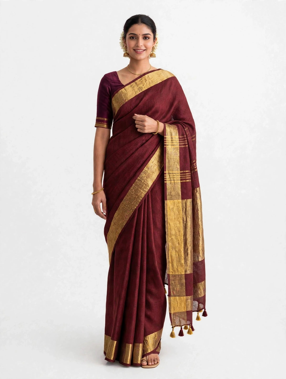 Premium Pure Linen Saree – Wine Maroon with Gold Zari
