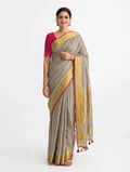Premium Pure Linen Saree – Taupe Grey with Red Accent and Gold Zari