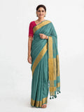 Premium Pure Linen Saree – Teal Blue with Gold Zari