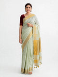 Premium Pure Linen Saree – Pale Pistachio Green with Gold Zari