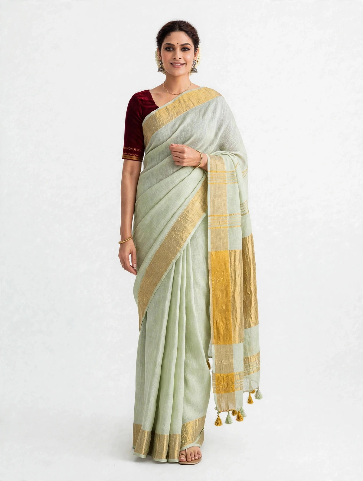 Premium Pure Linen Saree – Pale Pistachio Green with Gold Zari