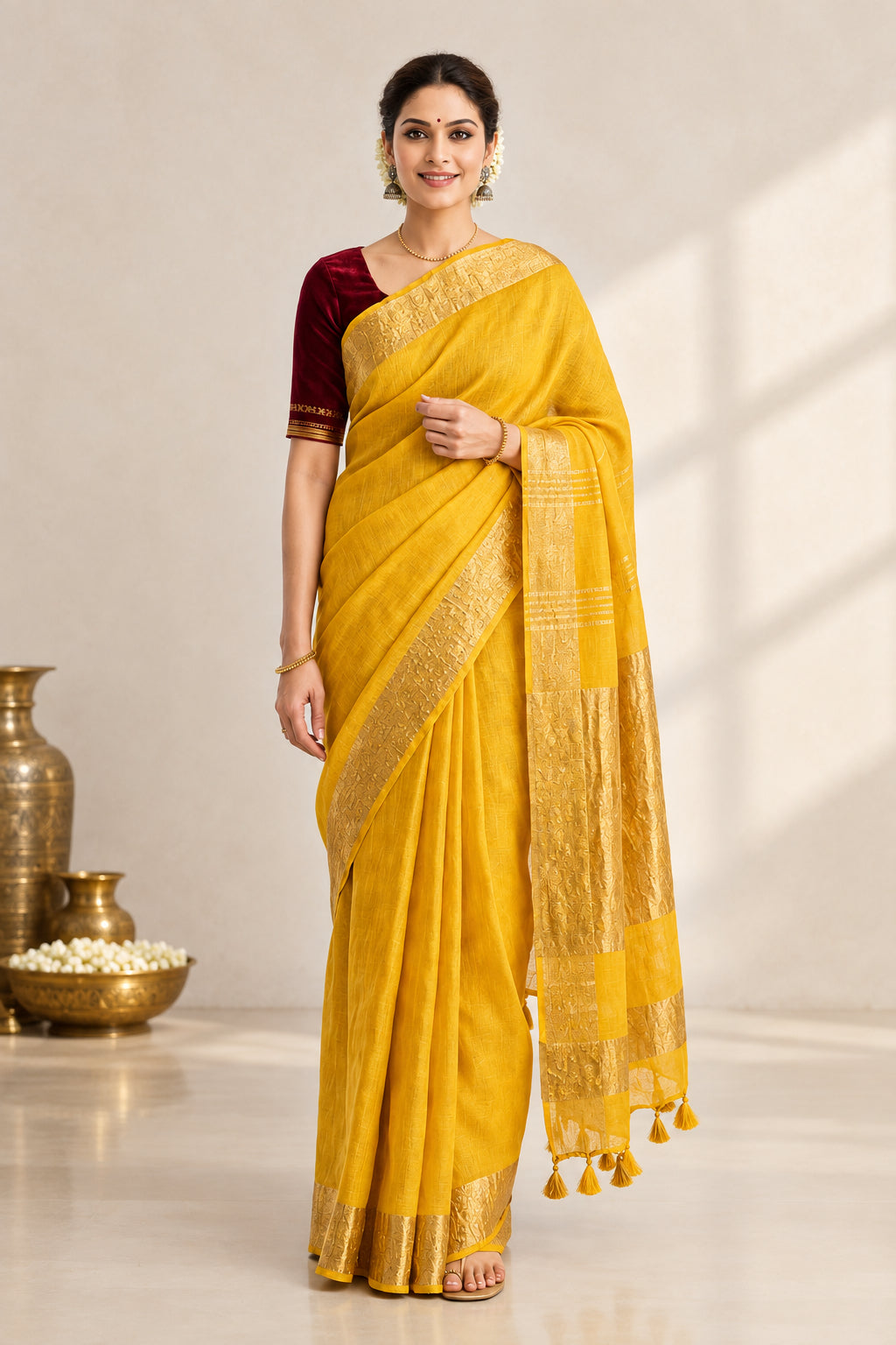 Premium Pure Linen Saree – Golden Yellow with Gold Zari