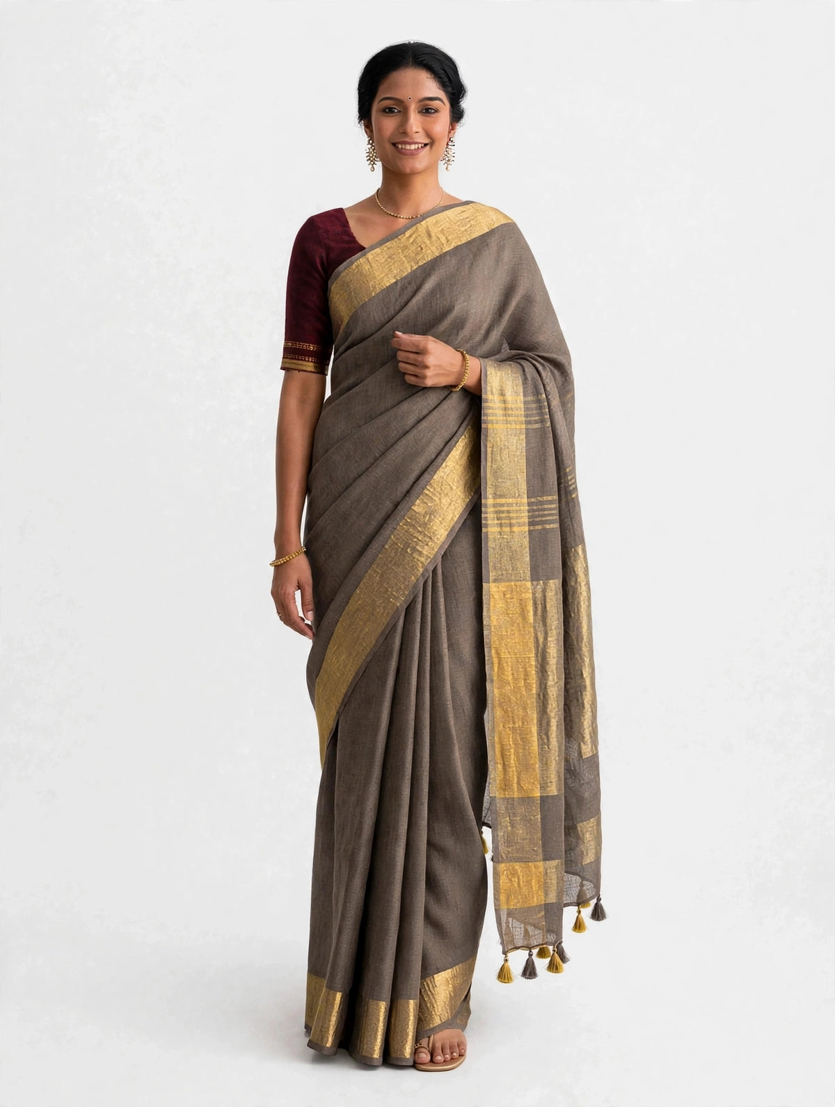 Premium Pure Linen Saree – Charcoal Taupe with Gold Zari