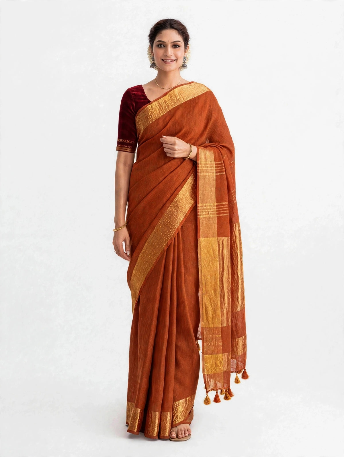 Premium Pure Linen Saree – Burnt Orange with Gold Zari