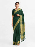 Premium Pure Linen Saree – Deep Forest Green with Gold Zari