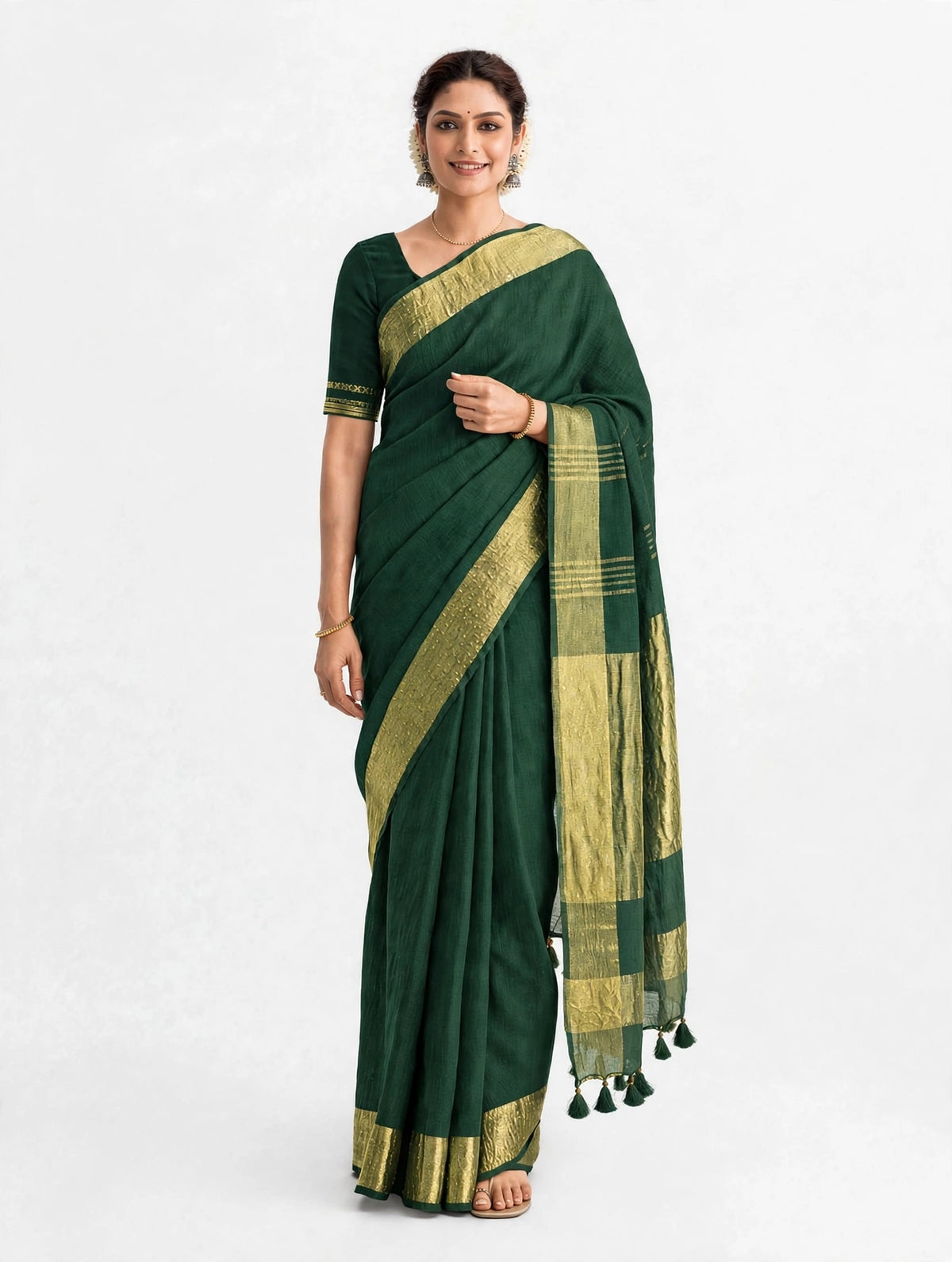 Premium Pure Linen Saree – Deep Forest Green with Gold Zari