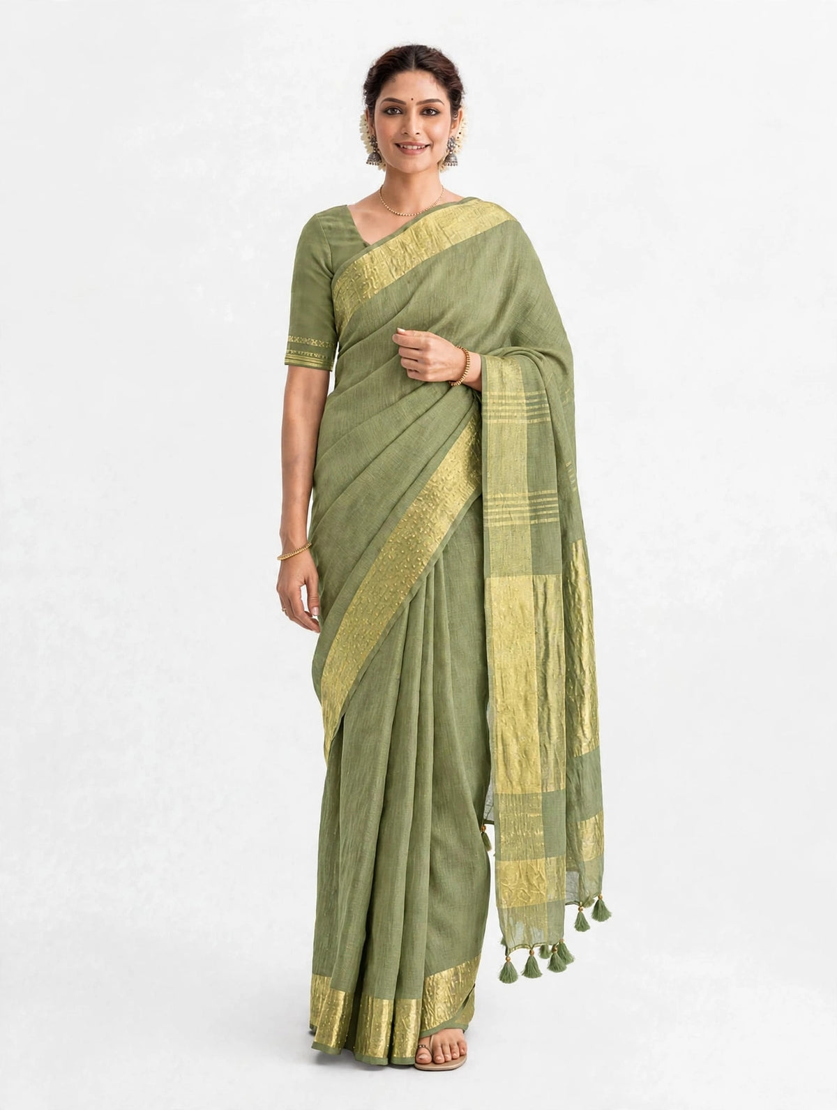Premium Pure Linen Saree – Muted Khaki Green with Gold Zari