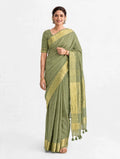 Premium Pure Linen Saree – Olive Sage Green with Gold Zari