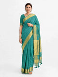 Premium Pure Linen Saree – Turquoise Green with Gold Zari