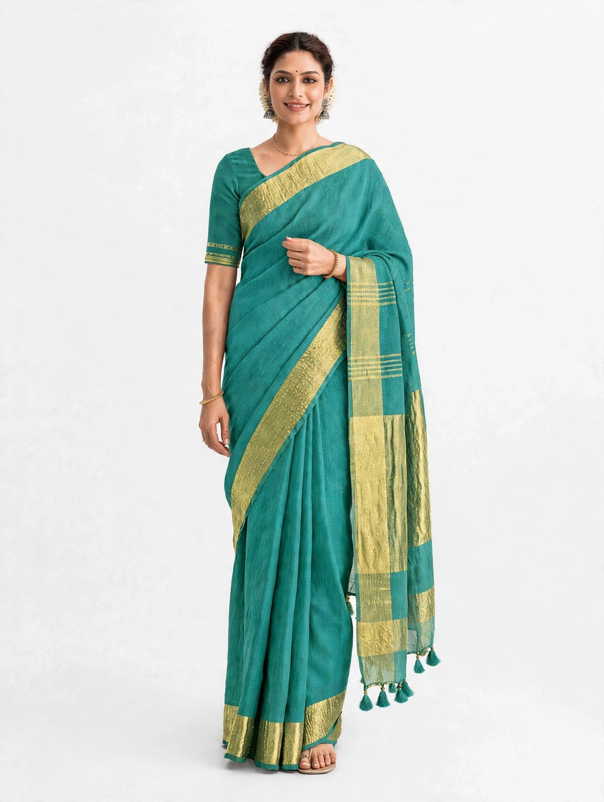 Premium Pure Linen Saree – Turquoise Green with Gold Zari