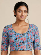 Sky Blue Kalamkari Print Lycra Blouse