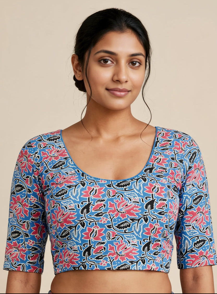 Sky Blue Kalamkari Print Lycra Blouse
