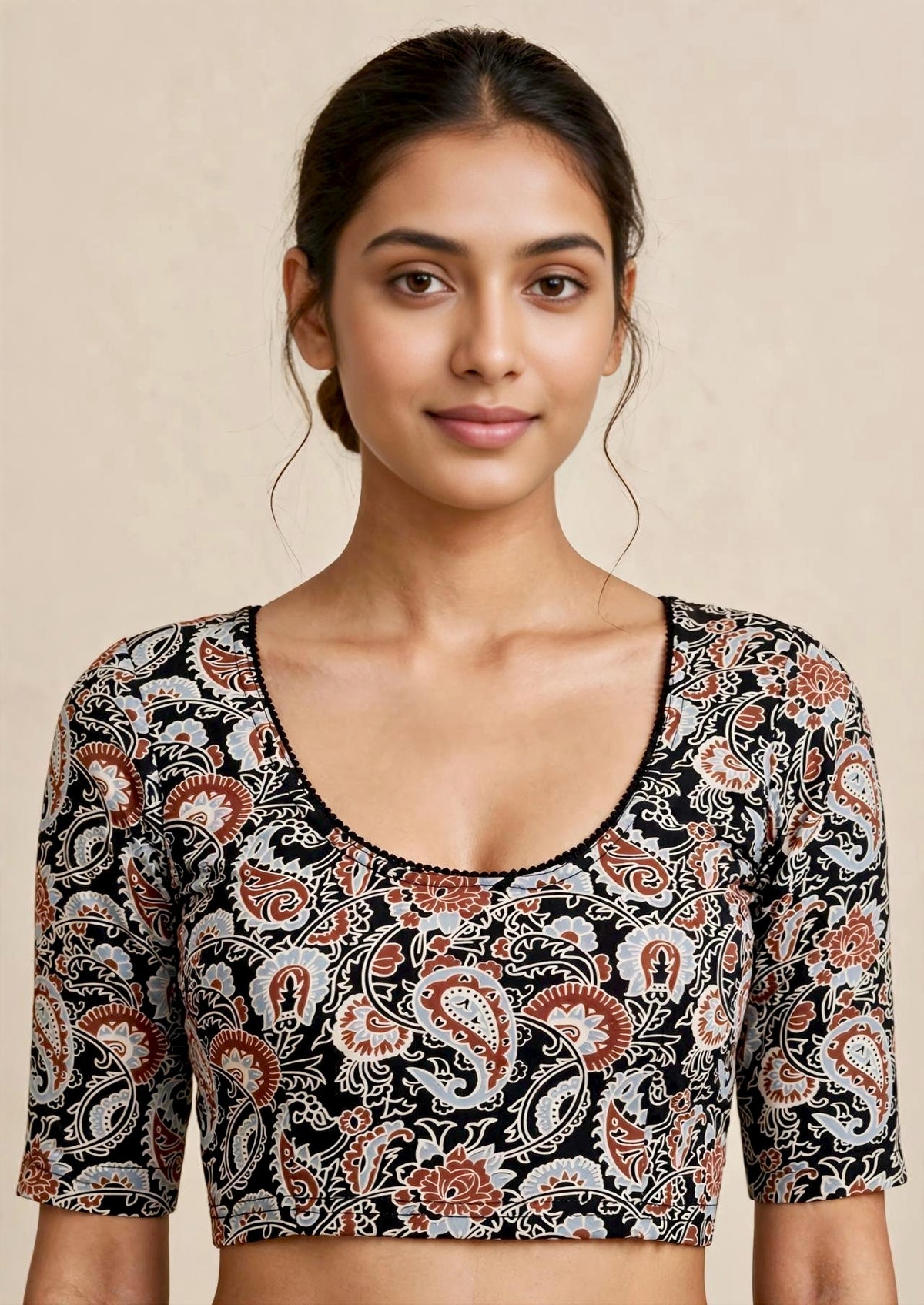 Black Kalamkari Print Lycra Blouse