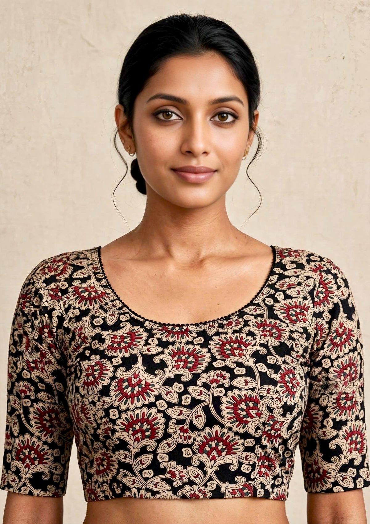 Black Brown Kalamkari Print Lycra Blouse