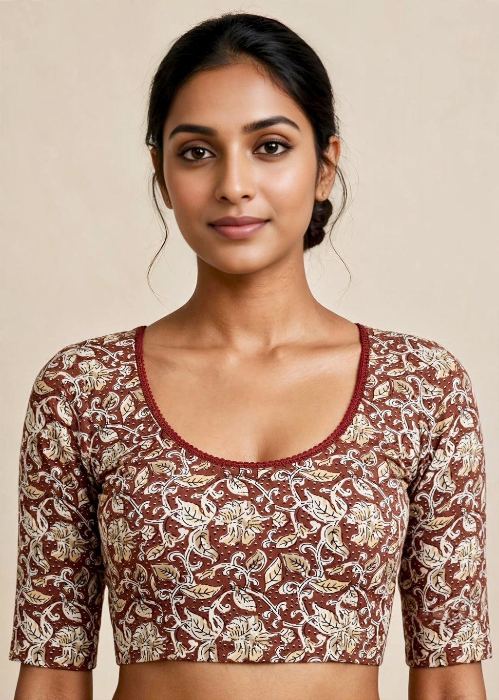 Rust Brown Kalamkari Print Lycra Blouse