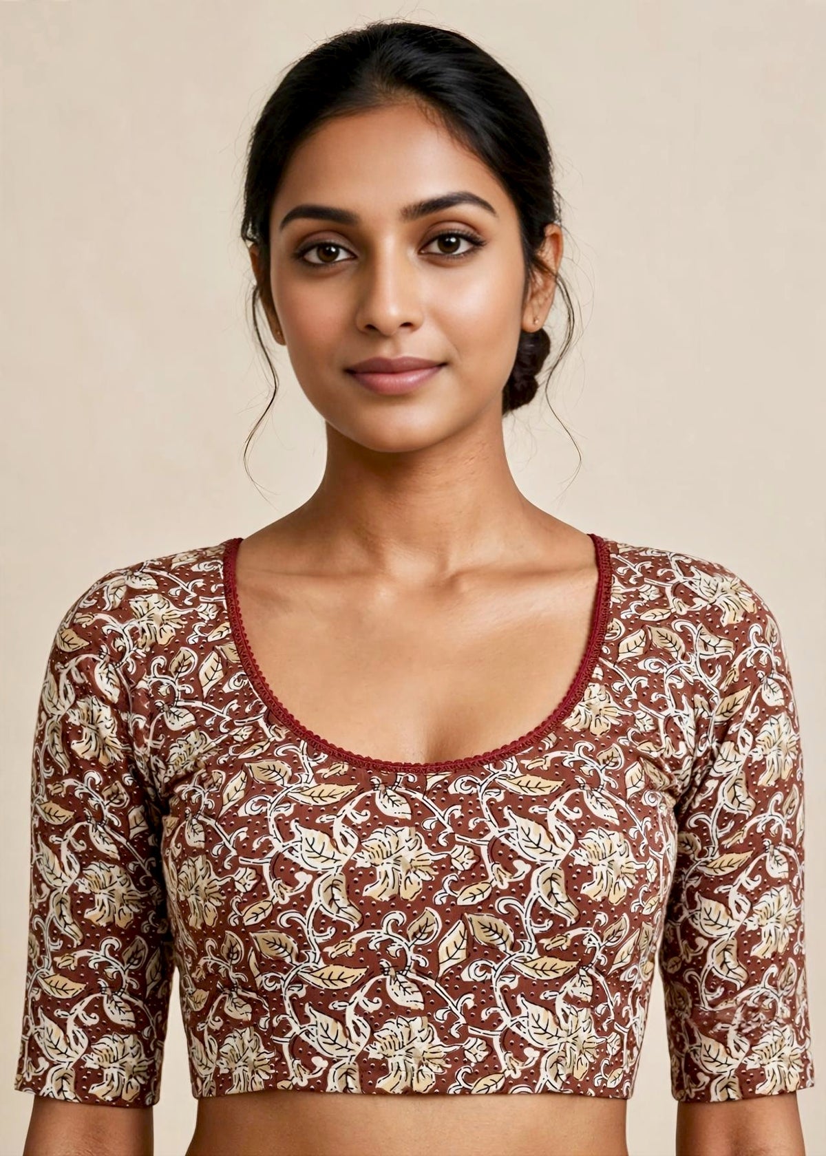 Rust Brown Kalamkari Print Lycra Blouse
