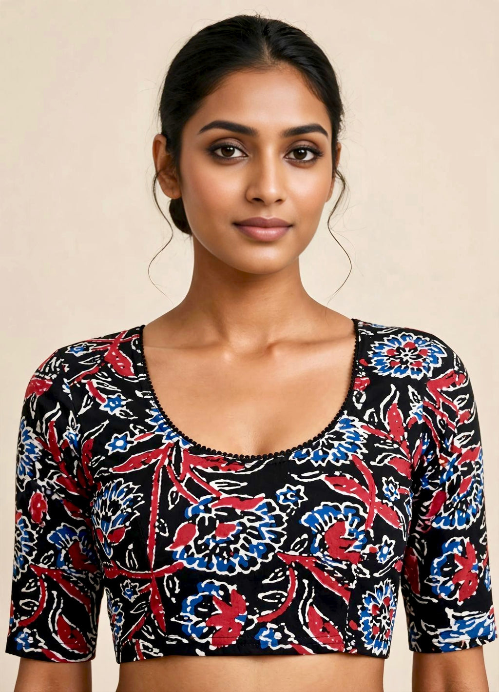 Black Multicolor Kalamkari Print Lycra Blouse