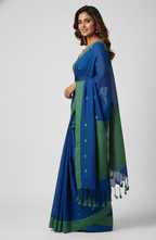 Royal Blue & Green Handloom Cotton Saree with Heart Embroidery