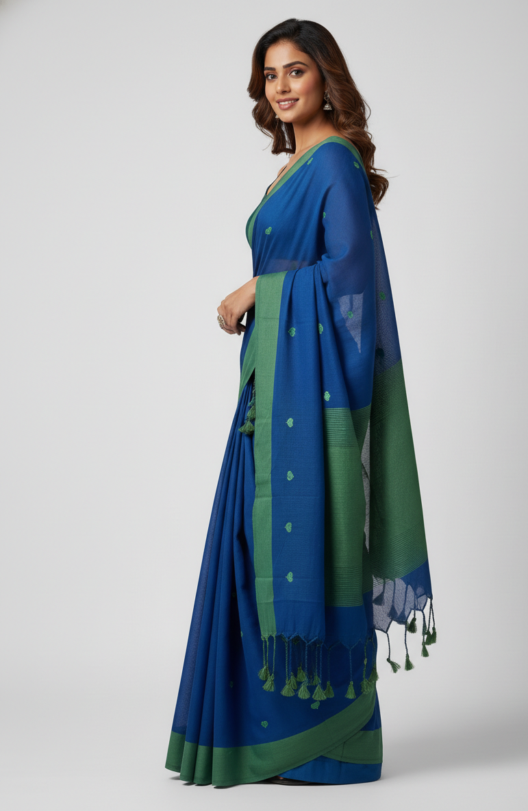Royal Blue & Green Handloom Cotton Saree with Heart Embroidery