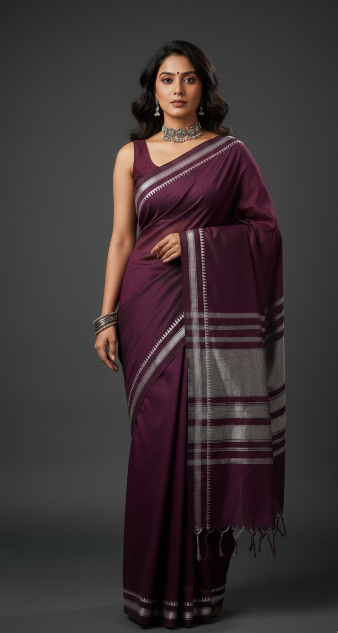 Woman wearing a purple saree with a gray pallu