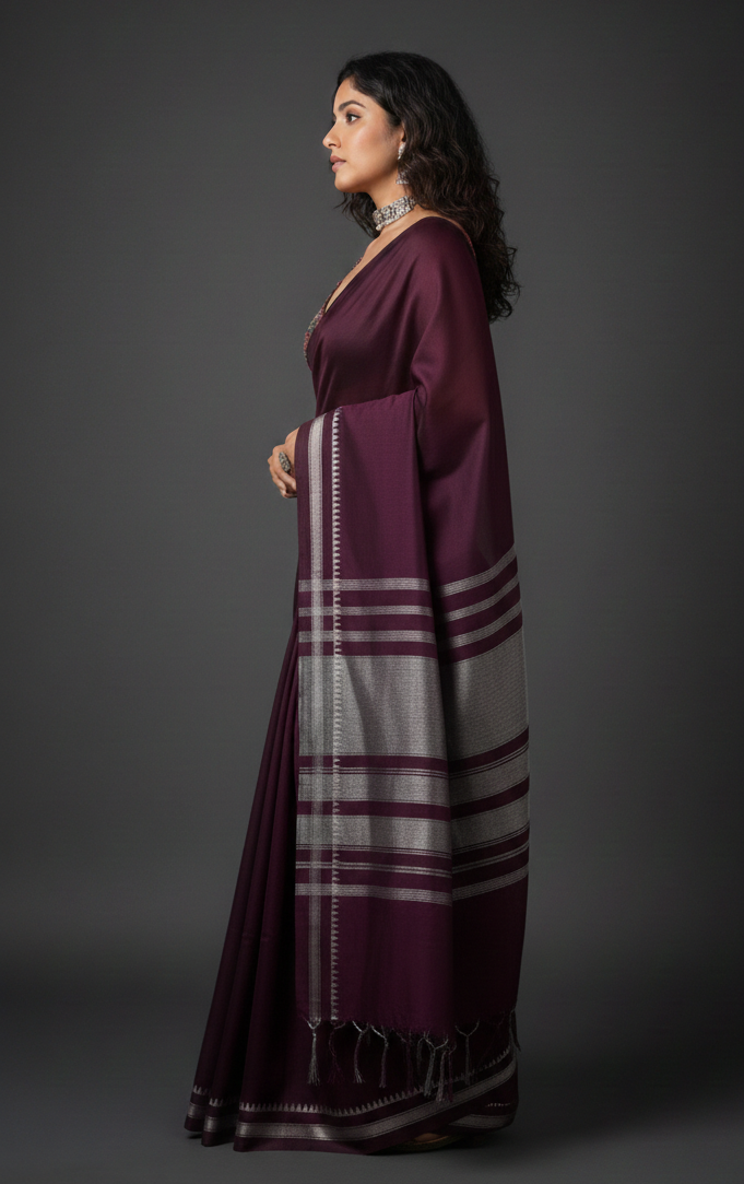 Woman wearing a purple saree with a gray pallu