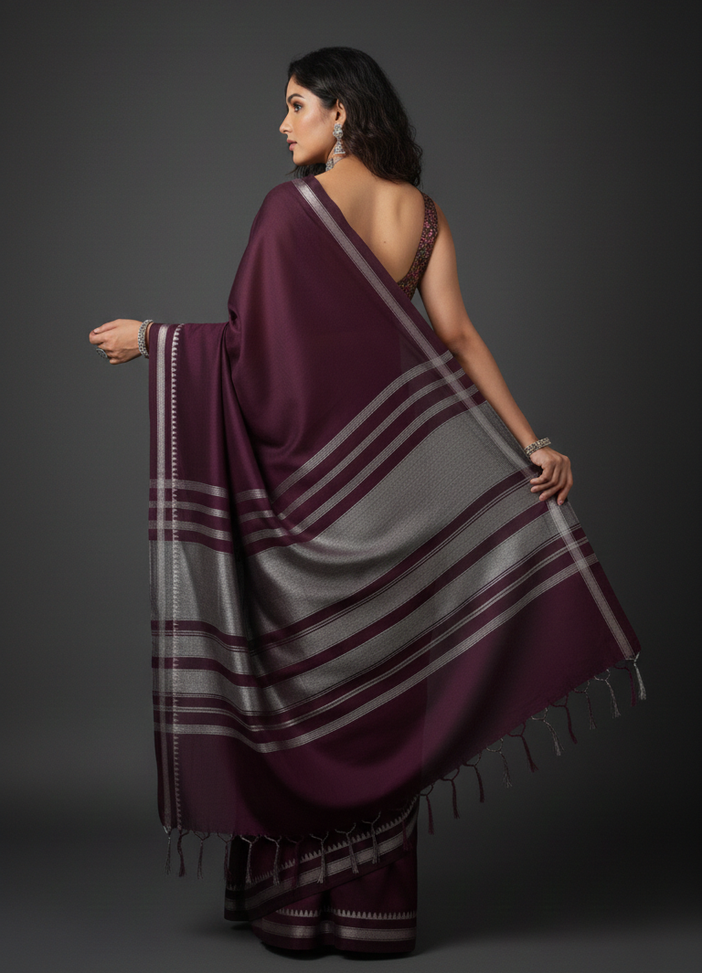 Woman wearing a purple saree with a gray pallu
