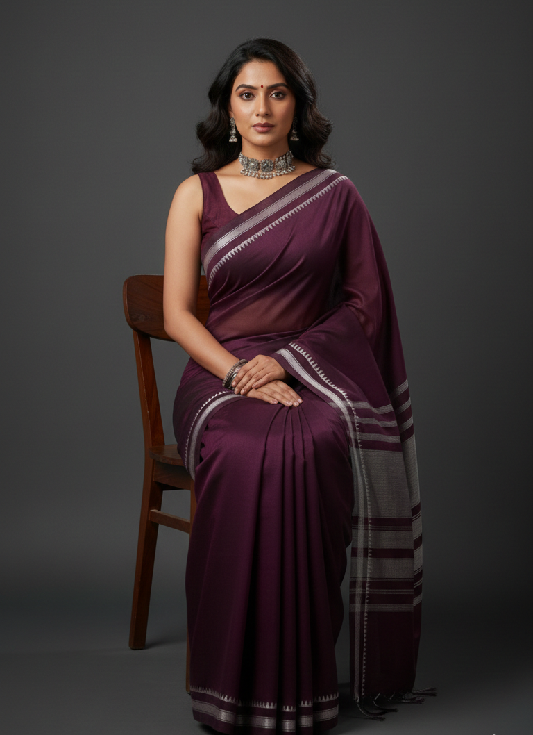 Woman wearing a purple saree with a gray pallu
